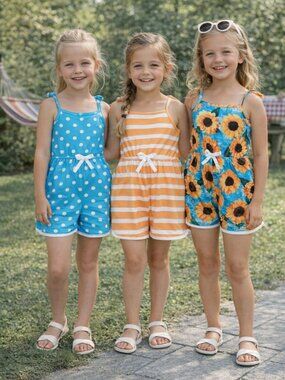 Girl's Summer Sleeveless Romper- Blue Dots/Orange Stripes/Blue Sunflowers